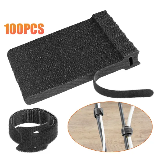 100-pack of black reusable hook-and-loop cable ties with example cable bundles