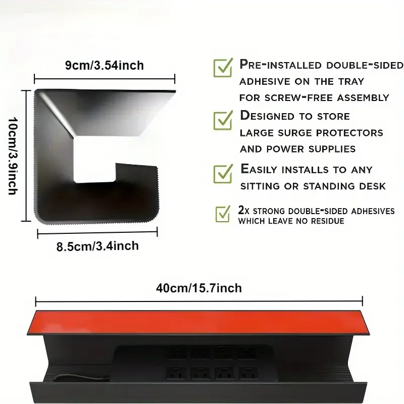 Supplier diagram showing adhesive mounting and dimensions of black under-desk cable management tray
