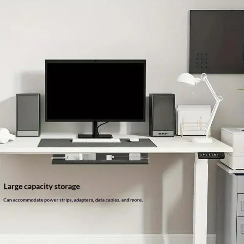 Under-desk cable management tray installed beneath a white desk