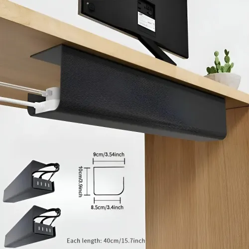 Black under-desk cable management tray with dimensions shown