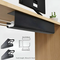 Black under-desk cable management tray with dimensions shown